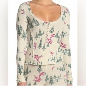 Intimately Free People Home All Day Birds & Pine Trees Thermal Pajama Top – Size